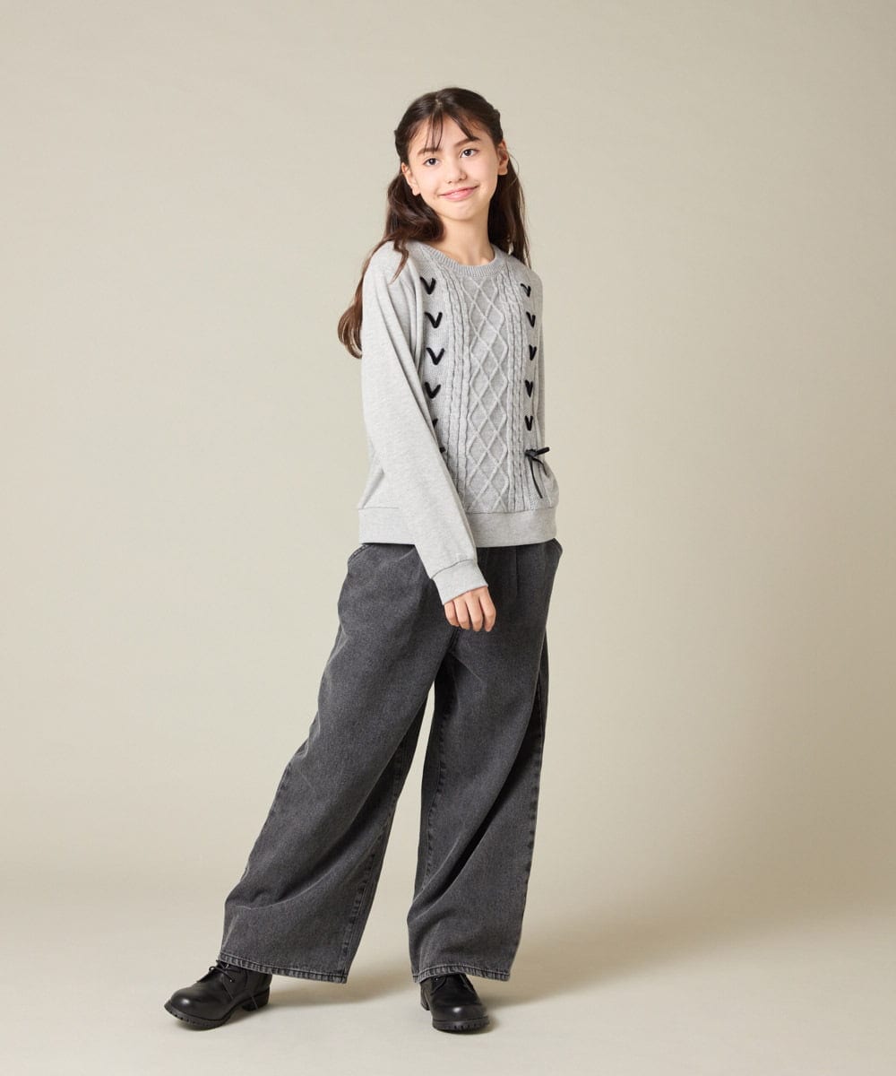 KJKLA46034 a.v.v KIDS(アー・ヴェ・ヴェ) [120-160]【通学にもオススメ/ケーブルニット×裏毛/編み上げリボン】ケーブルニットドッキングトレーナー グリーン
