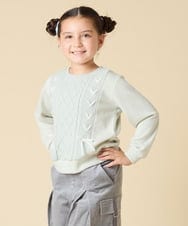 KJKLA46034 a.v.v KIDS(アー・ヴェ・ヴェ) [120-160]【通学にもオススメ/ケーブルニット×裏毛/編み上げリボン】ケーブルニットドッキングトレーナー グリーン