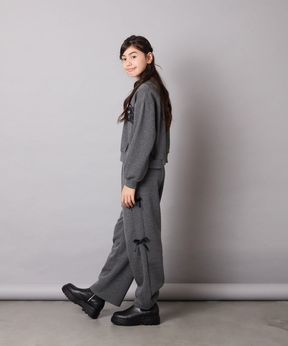 KJLAD01049 a.v.v KIDS(アー・ヴェ・ヴェ) [130-160]【裏起毛/ゆったりストレート/韓国コーデが叶う】サイドリボンスウェットパンツ ダークグレー