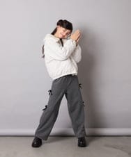 KJLAD01049 a.v.v KIDS(アー・ヴェ・ヴェ) [130-160]【裏起毛/ゆったりストレート/韓国コーデが叶う】サイドリボンスウェットパンツ ダークグレー