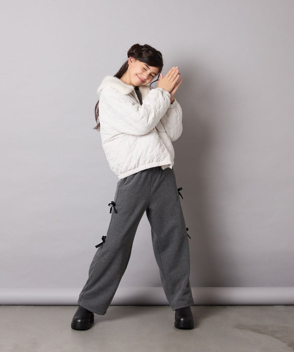 KJLAD01049 a.v.v KIDS(アー・ヴェ・ヴェ) [130-160]【裏起毛/ゆったりストレート/韓国コーデが叶う】サイドリボンスウェットパンツ ダークグレー