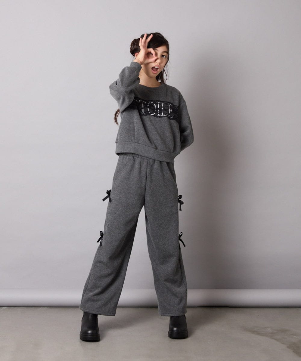 KJLAD01049 a.v.v KIDS(アー・ヴェ・ヴェ) [130-160]【裏起毛/ゆったりストレート/韓国コーデが叶う】サイドリボンスウェットパンツ ダークグレー