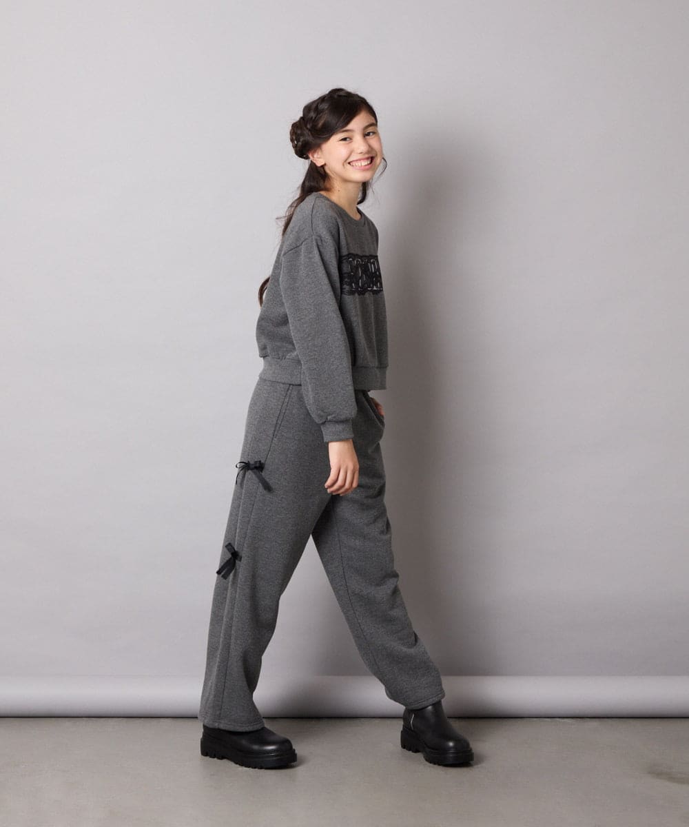 KJLAD01049 a.v.v KIDS(アー・ヴェ・ヴェ) [130-160]【裏起毛/ゆったりストレート/韓国コーデが叶う】サイドリボンスウェットパンツ ダークグレー