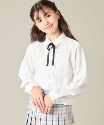 KQBBD01044  [150-160]【2026 卒服/シワになりにくい】リボンタイ付きピンタックブラウス