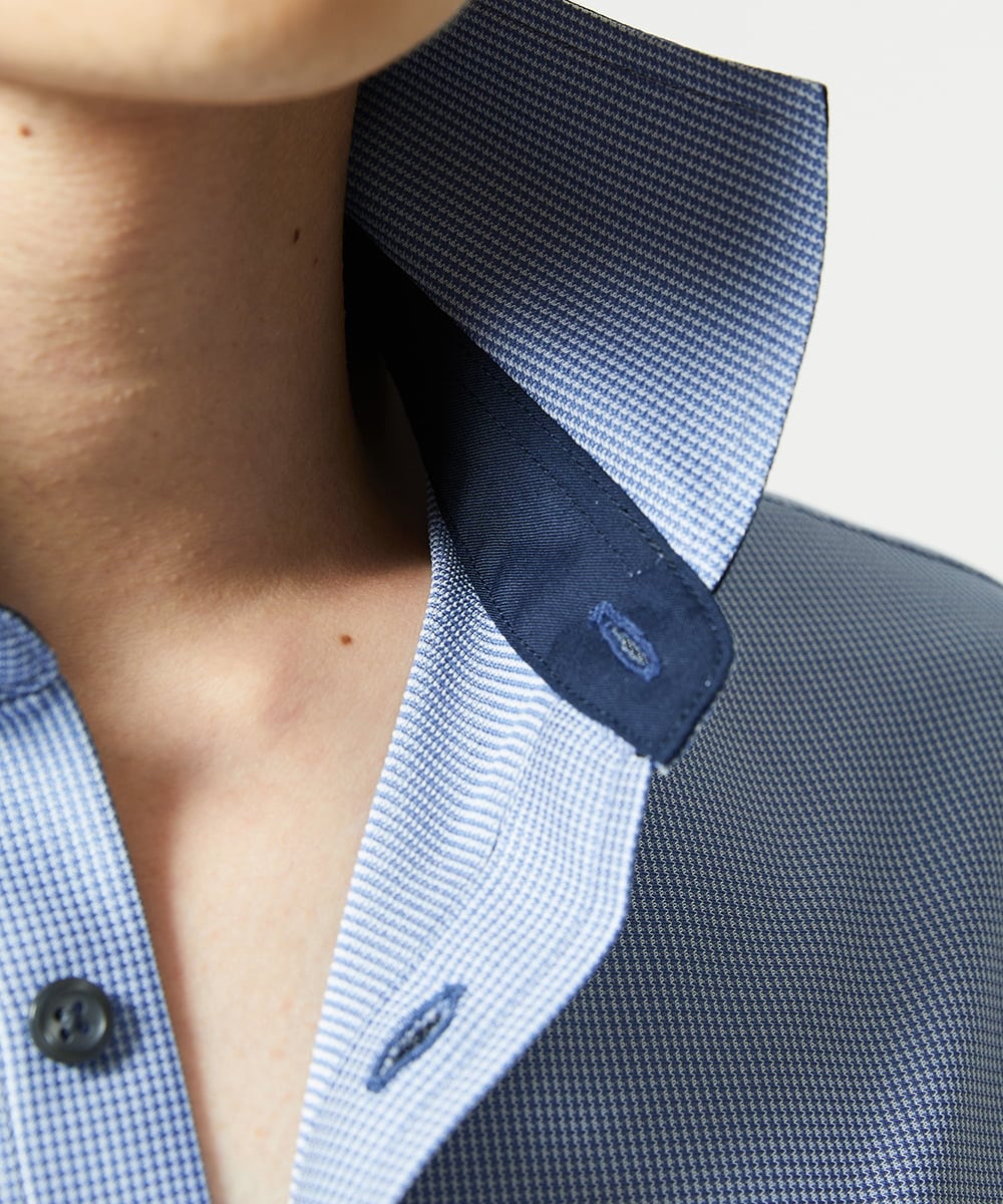 MKBAD50130 MK MICHEL KLEIN HOMME(MKミッシェルクランオム) 【洗濯機洗いOK／ストレッチ/ビジネス対応】アクティブセッター千鳥柄長袖シャツ ブルー
