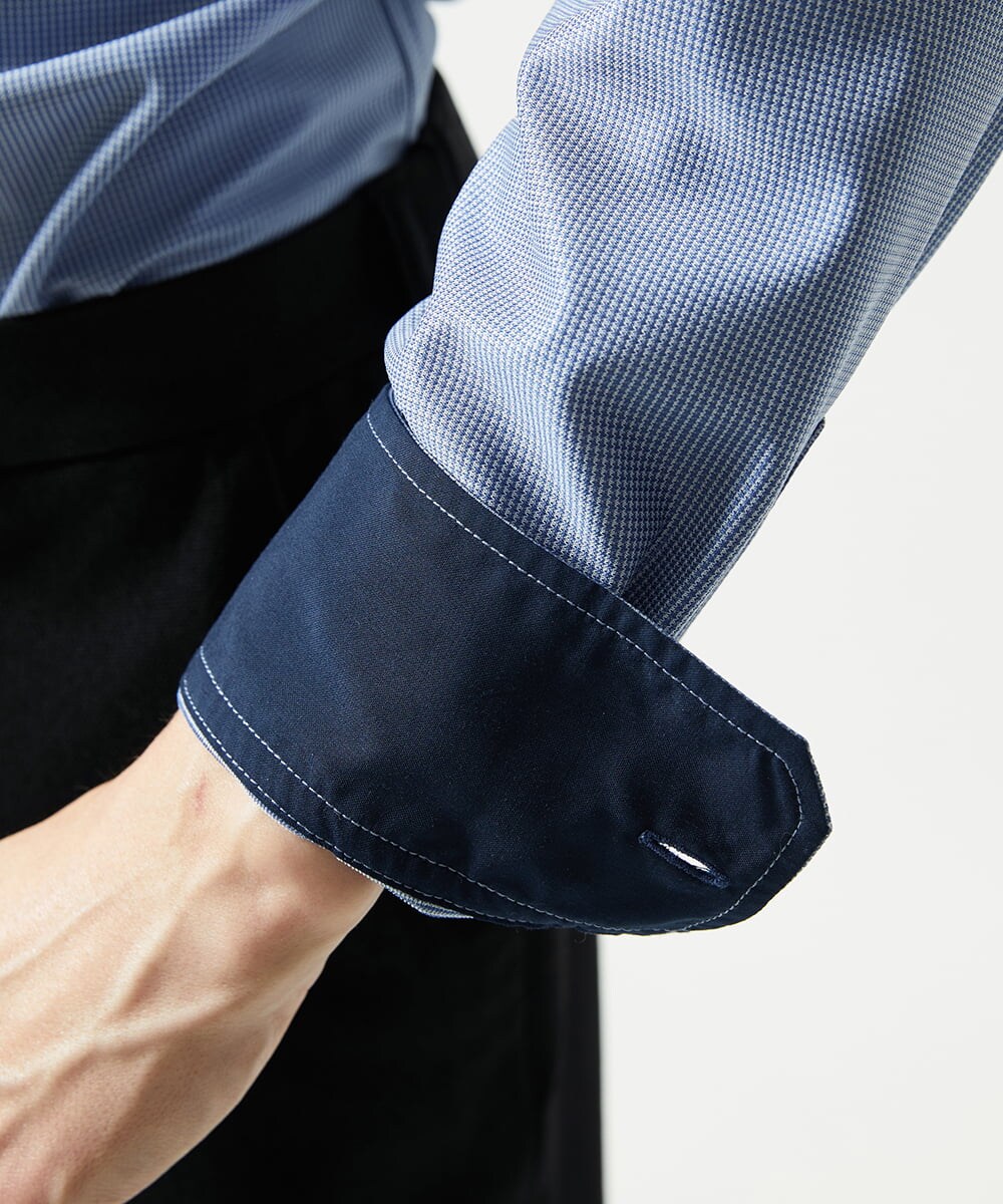 MKBAD50130 MK MICHEL KLEIN HOMME(MKミッシェルクランオム) 【洗濯機洗いOK／ストレッチ/ビジネス対応】アクティブセッター千鳥柄長袖シャツ ブルー