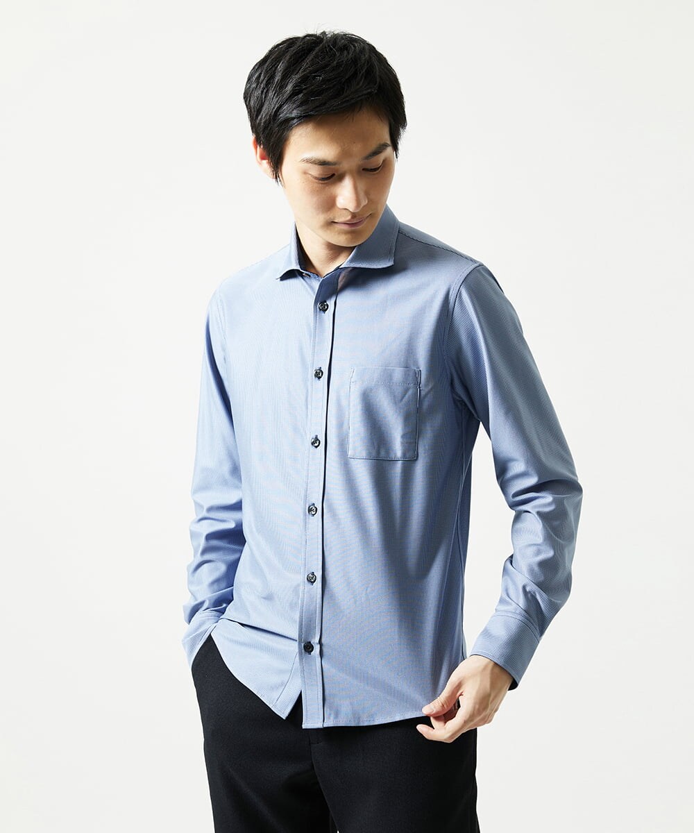 MKBAD50130 MK MICHEL KLEIN HOMME(MKミッシェルクランオム) 【洗濯機洗いOK／ストレッチ/ビジネス対応】アクティブセッター千鳥柄長袖シャツ ブルー