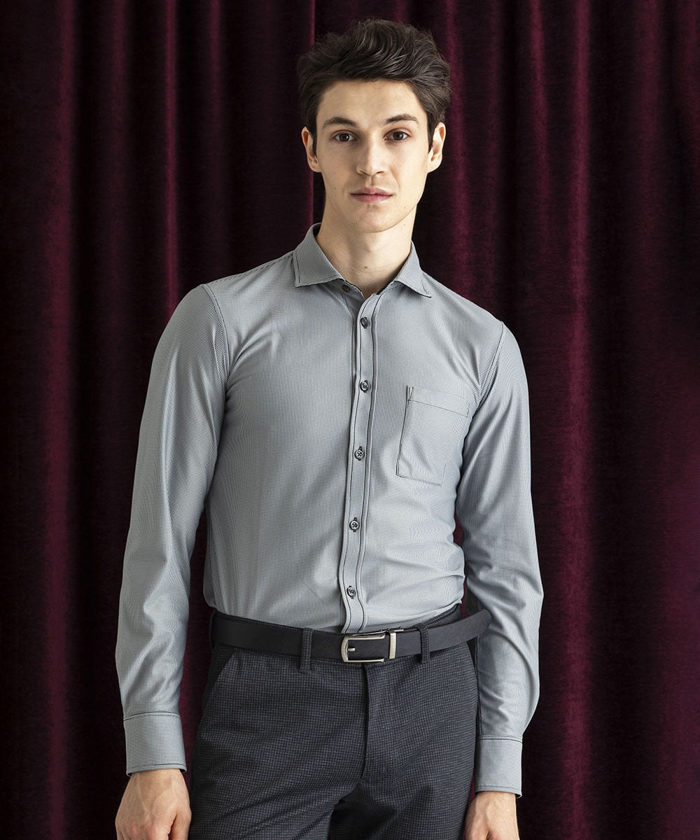 MKBAD50130 MK MICHEL KLEIN HOMME(MKミッシェルクランオム) 【洗濯機洗いOK／ストレッチ/ビジネス対応】アクティブセッター千鳥柄長袖シャツ グレー