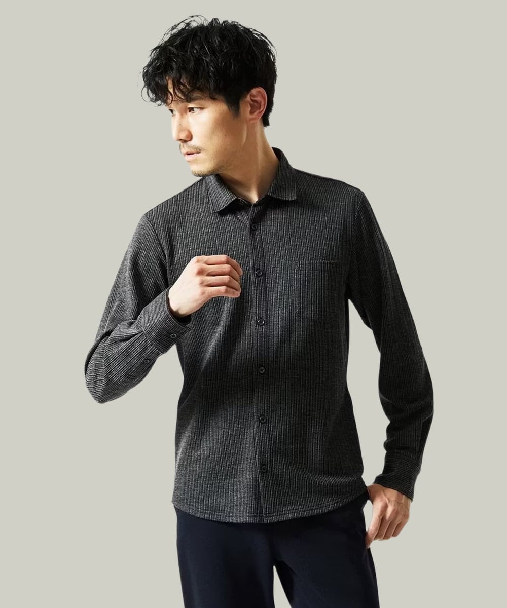MKBAF19090 MK MICHEL KLEIN HOMME(MKミッシェルクランオム) 【洗える／ストレッチ】オニキスストライプ長袖シャツ ブラック