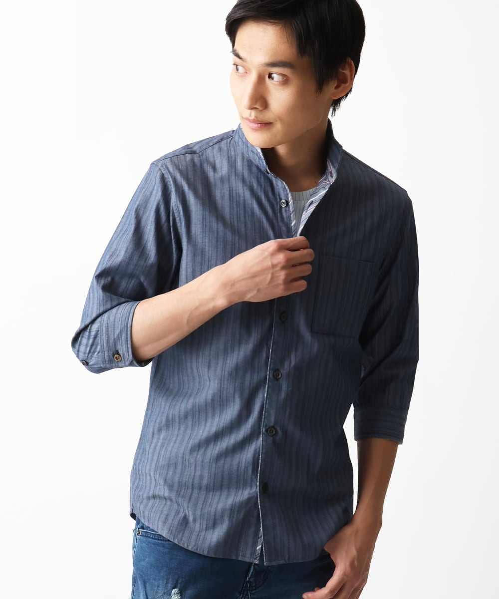 MKBGA54120 MK MICHEL KLEIN HOMME(MKミッシェルクランオム) 【色・サイズ残りわずか】【洗える】ドビーリバーシブル七分袖シャツ ブルー