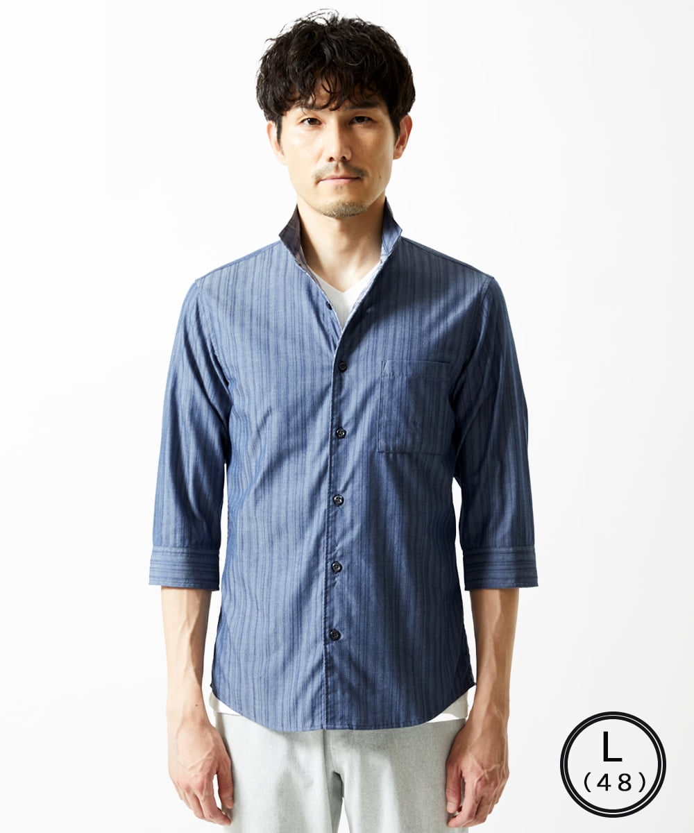 MKBGA54120 MK MICHEL KLEIN HOMME(MKミッシェルクランオム) 【色・サイズ残りわずか】【洗える】ドビーリバーシブル七分袖シャツ ブルー