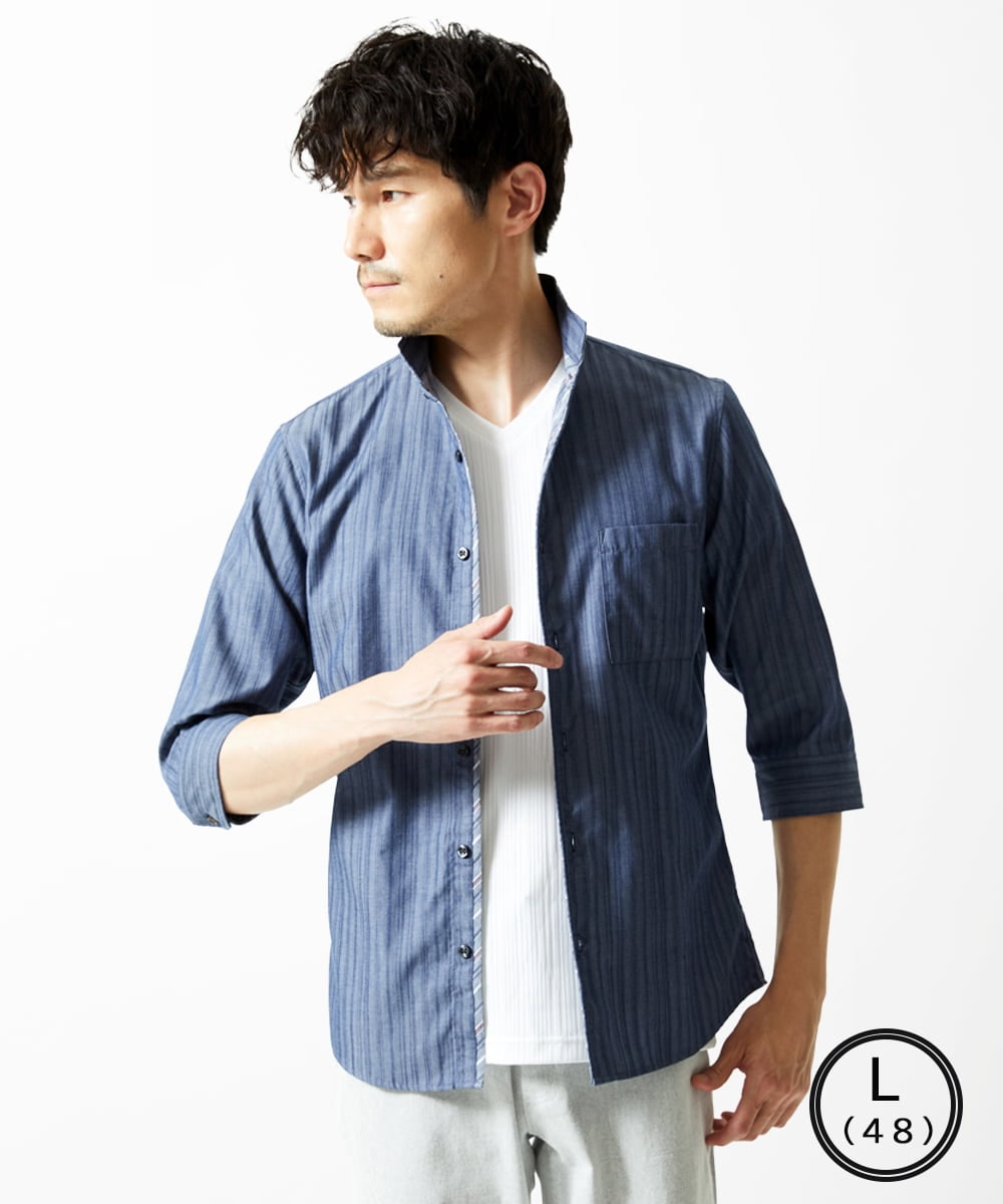 MKBGA54120 MK MICHEL KLEIN HOMME(MKミッシェルクランオム) 【色・サイズ残りわずか】【洗える】ドビーリバーシブル七分袖シャツ ブルー