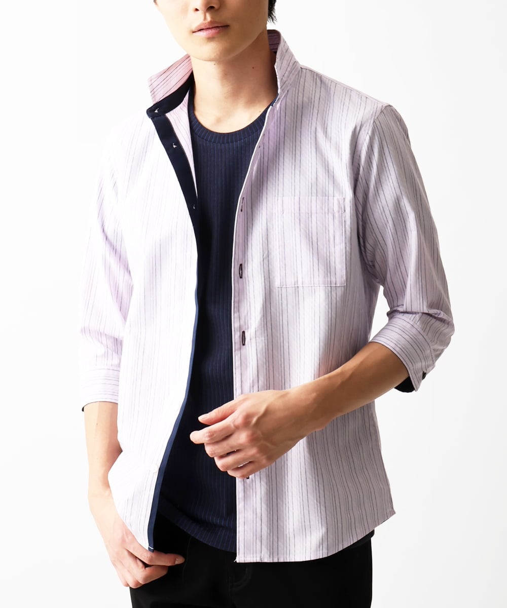 MKBGA57130 MK MICHEL KLEIN HOMME(MKミッシェルクランオム) 【SOLDOUT】【日本製生地】シャドーバイヤスストライプ七分袖シャツ  ピンク