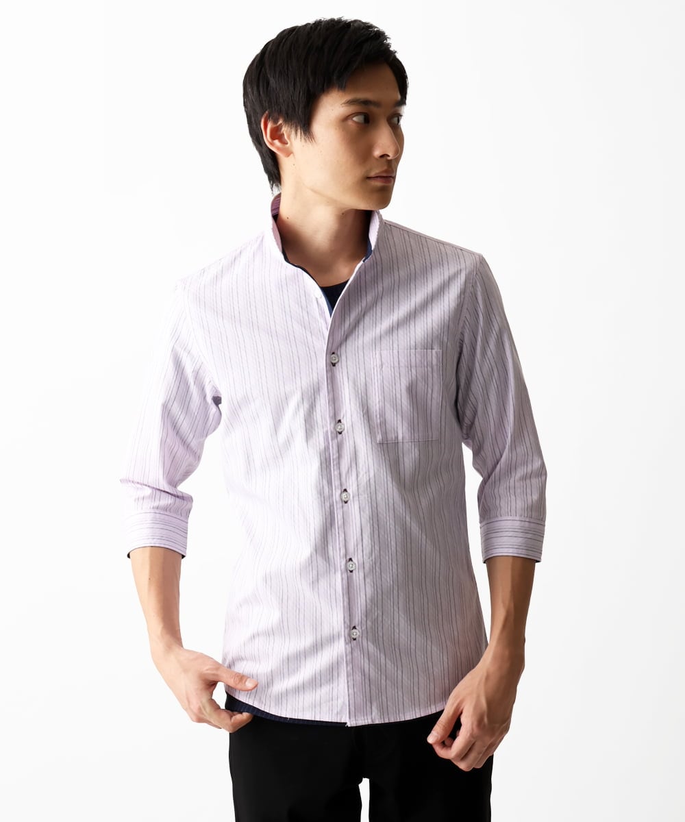 MKBGA57130 MK MICHEL KLEIN HOMME(MKミッシェルクランオム) 【SOLDOUT】【日本製生地】シャドーバイヤスストライプ七分袖シャツ  ピンク