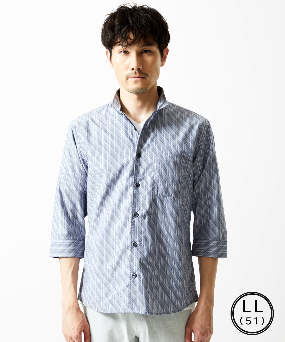 MKBGA57130 MK MICHEL KLEIN HOMME(MKミッシェルクランオム) 【SOLDOUT】【日本製生地】シャドーバイヤスストライプ七分袖シャツ  ネイビー