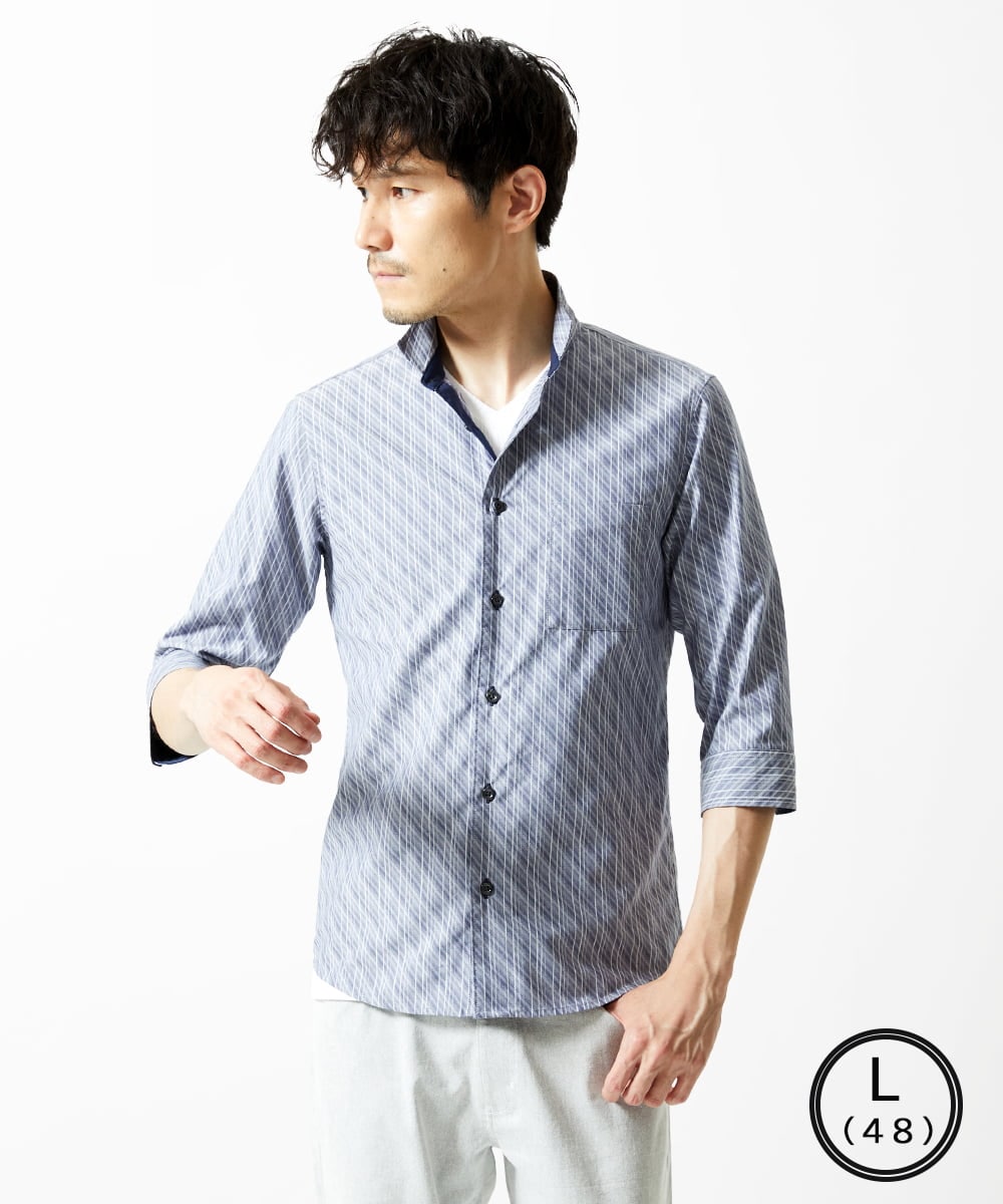 MKBGA57130 MK MICHEL KLEIN HOMME(MKミッシェルクランオム) 【SOLDOUT】【日本製生地】シャドーバイヤスストライプ七分袖シャツ  ネイビー