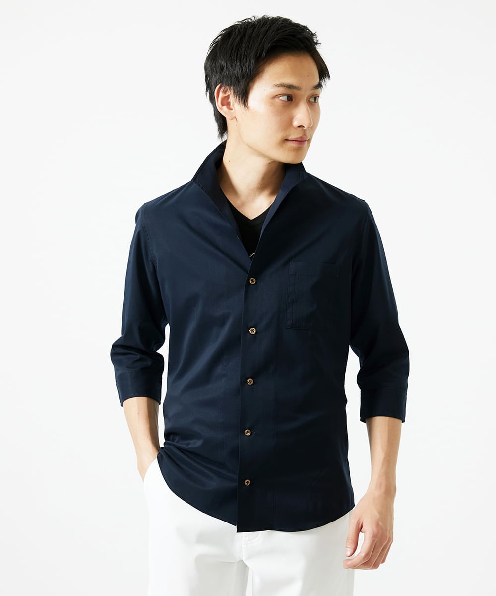 MKBGA60150 MK MICHEL KLEIN HOMME(MKミッシェルクランオム) 【残りわずか】【洗える / 高通気素材】イタリアンカラー七分袖シャツ  ネイビー