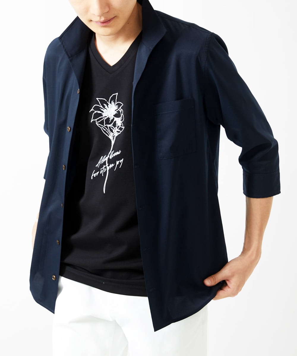 MKBGA60150 MK MICHEL KLEIN HOMME(MKミッシェルクランオム) 【残りわずか】【洗える / 高通気素材】イタリアンカラー七分袖シャツ  ネイビー