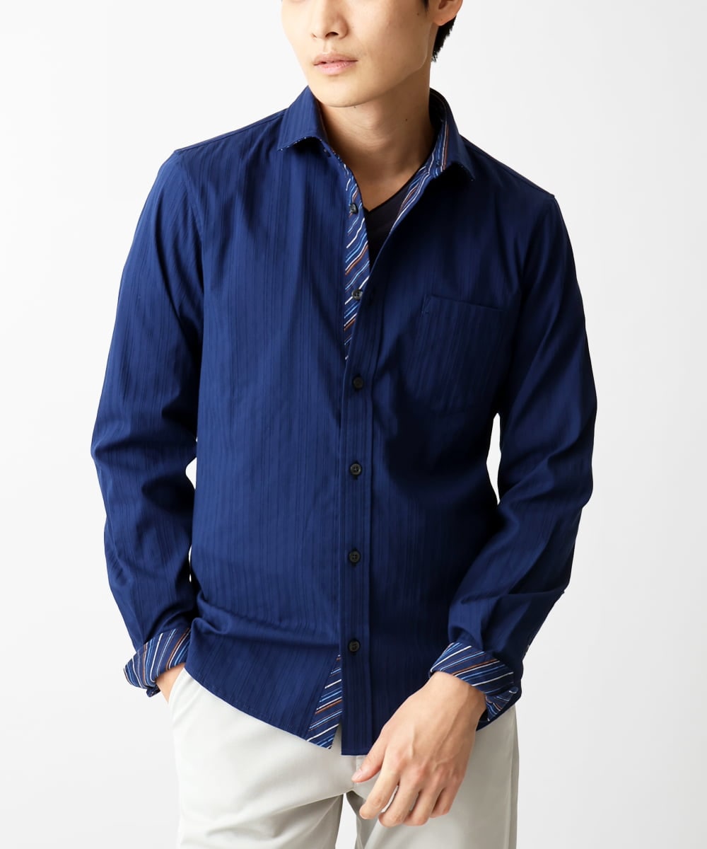 MKBGA70100 MK MICHEL KLEIN HOMME(MKミッシェルクランオム) 【WEB限定】日本製素材使用 リバーストライプ長袖シャツ/ ブルー