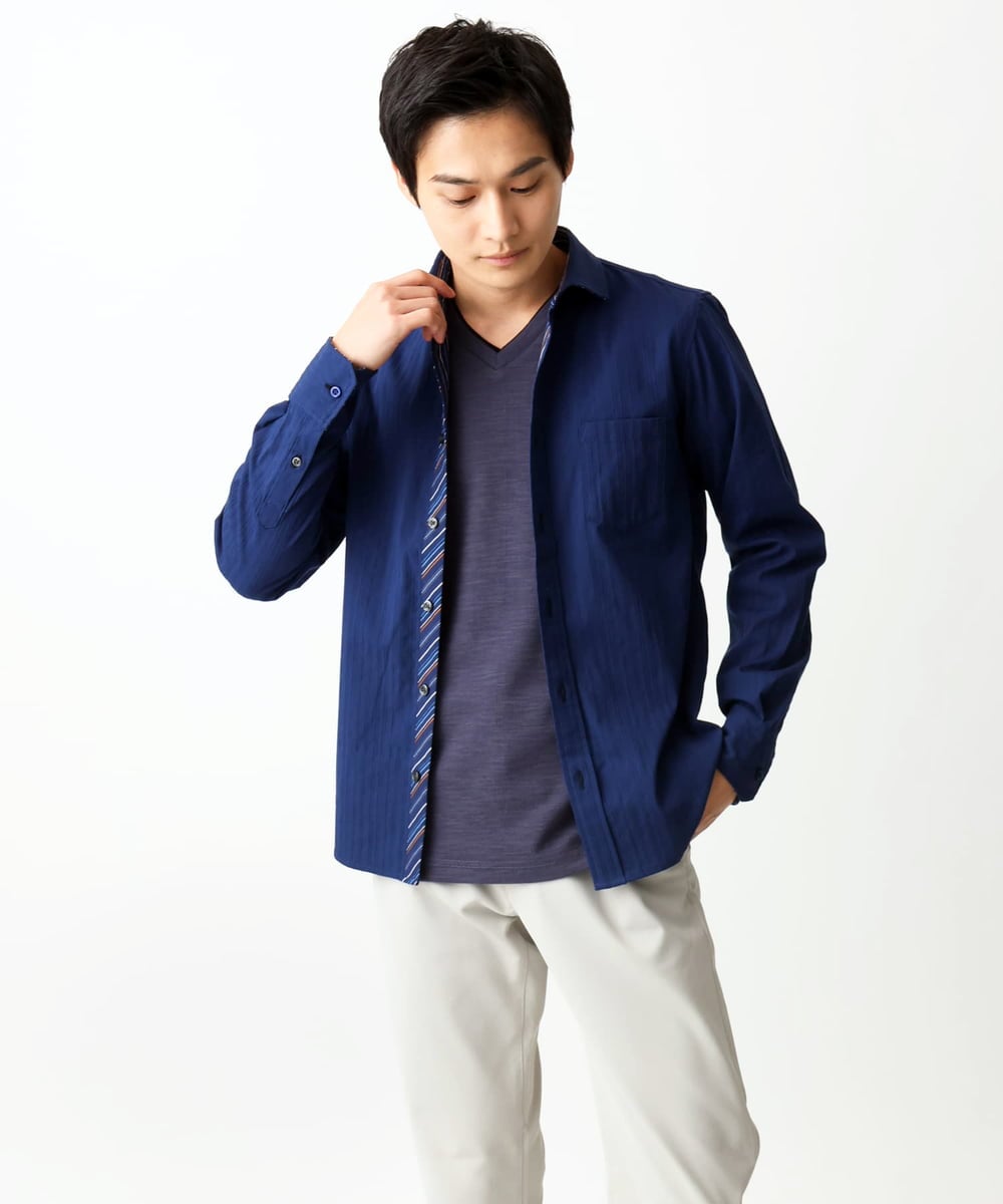 MKBGA70100 MK MICHEL KLEIN HOMME(MKミッシェルクランオム) 【WEB限定】日本製素材使用 リバーストライプ長袖シャツ/ ブルー