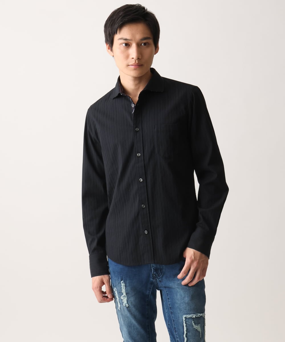MKBGA70100 MK MICHEL KLEIN HOMME(MKミッシェルクランオム) 【WEB限定】日本製素材使用 リバーストライプ長袖シャツ/ ブラック