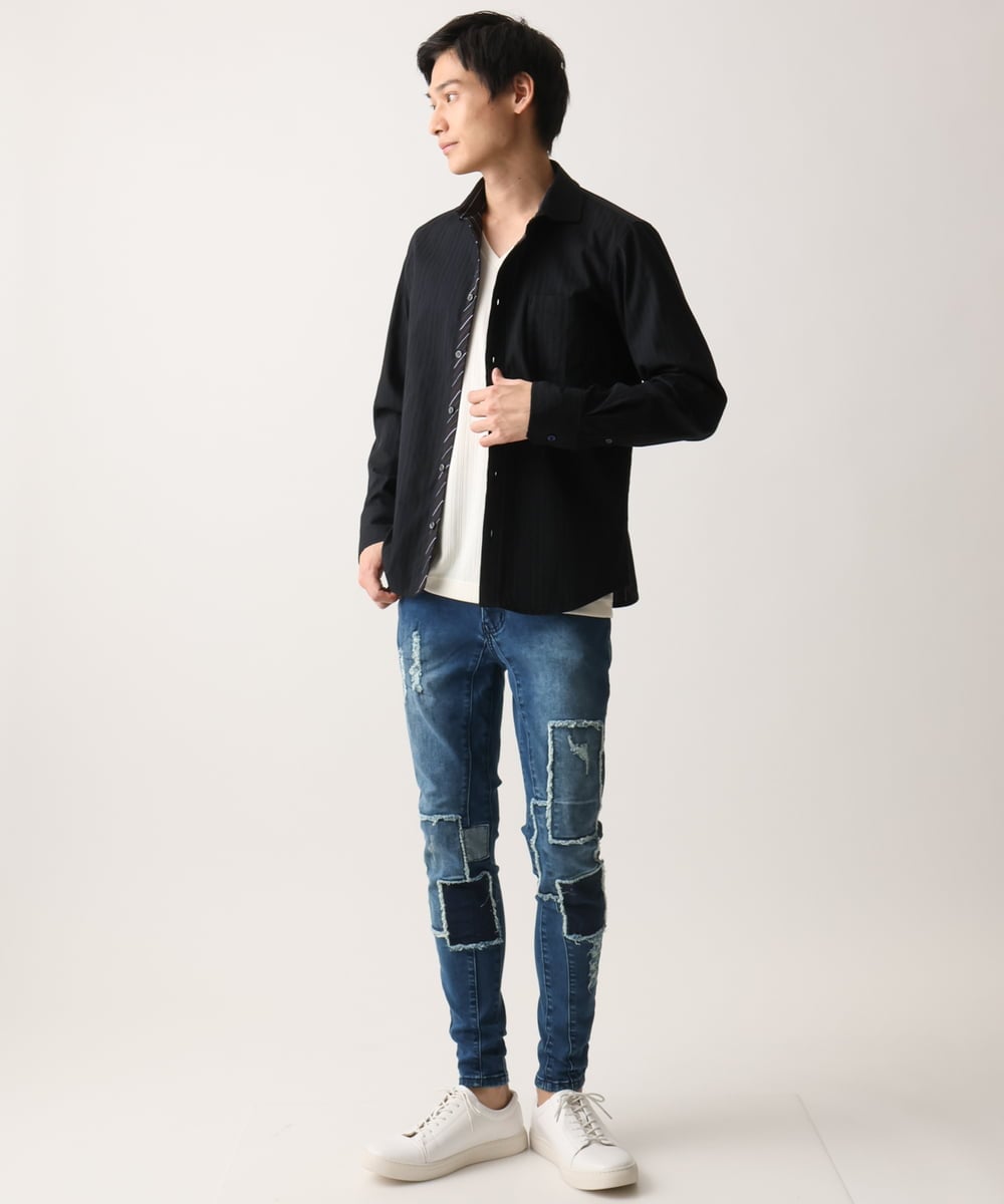 MKBGA70100 MK MICHEL KLEIN HOMME(MKミッシェルクランオム) 【WEB限定】日本製素材使用 リバーストライプ長袖シャツ/ ブラック