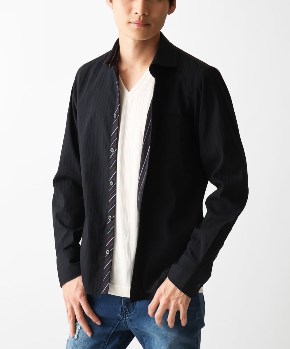 MKBGA70100 MK MICHEL KLEIN HOMME(MKミッシェルクランオム) 【WEB限定】日本製素材使用 リバーストライプ長袖シャツ/ ブラック