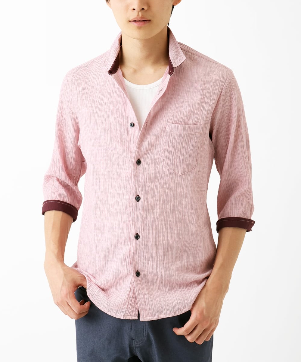 MKBGC21130 MK MICHEL KLEIN HOMME(MKミッシェルクランオム) 【洗える】楊柳ストライプ七分袖シャツ ピンク