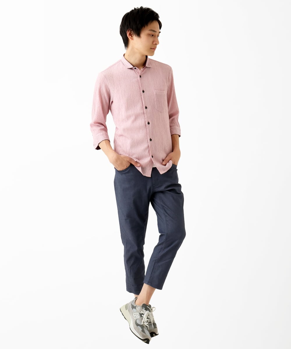 MKBGC21130 MK MICHEL KLEIN HOMME(MKミッシェルクランオム) 【洗える】楊柳ストライプ七分袖シャツ ピンク