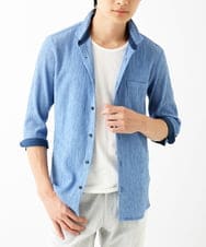 MKBGC21130 MK MICHEL KLEIN HOMME(MKミッシェルクランオム) 【洗える】楊柳ストライプ七分袖シャツ ライトブルー