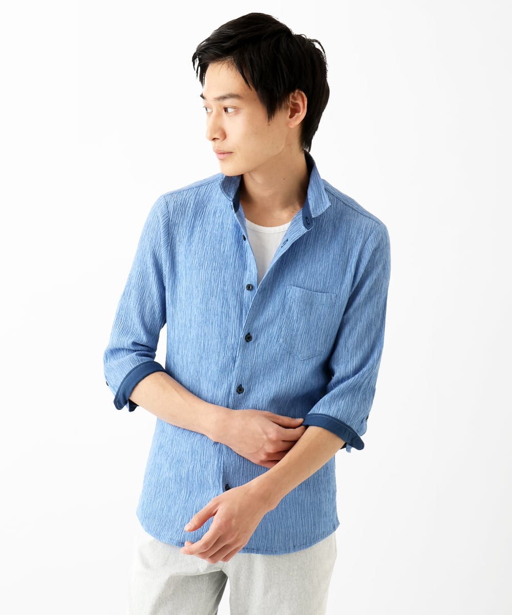MKBGC21130 MK MICHEL KLEIN HOMME(MKミッシェルクランオム) 【洗える】楊柳ストライプ七分袖シャツ ライトブルー