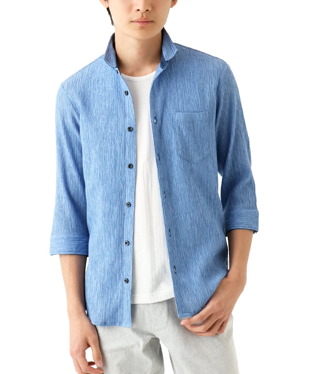 MKBGC21130 MK MICHEL KLEIN HOMME(MKミッシェルクランオム) 【洗える】楊柳ストライプ七分袖シャツ ライトブルー