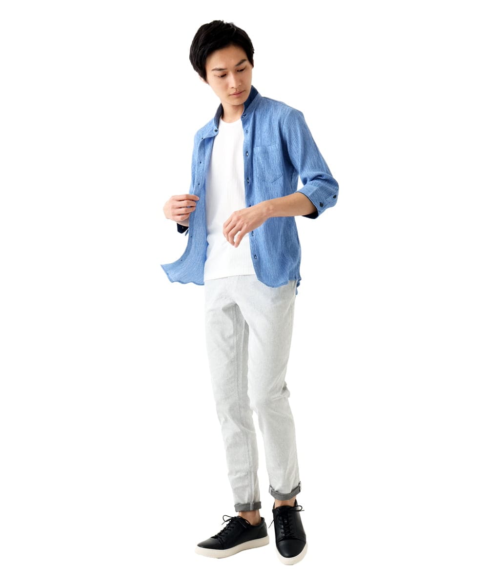 MKBGC21130 MK MICHEL KLEIN HOMME(MKミッシェルクランオム) 【洗える】楊柳ストライプ七分袖シャツ ライトブルー