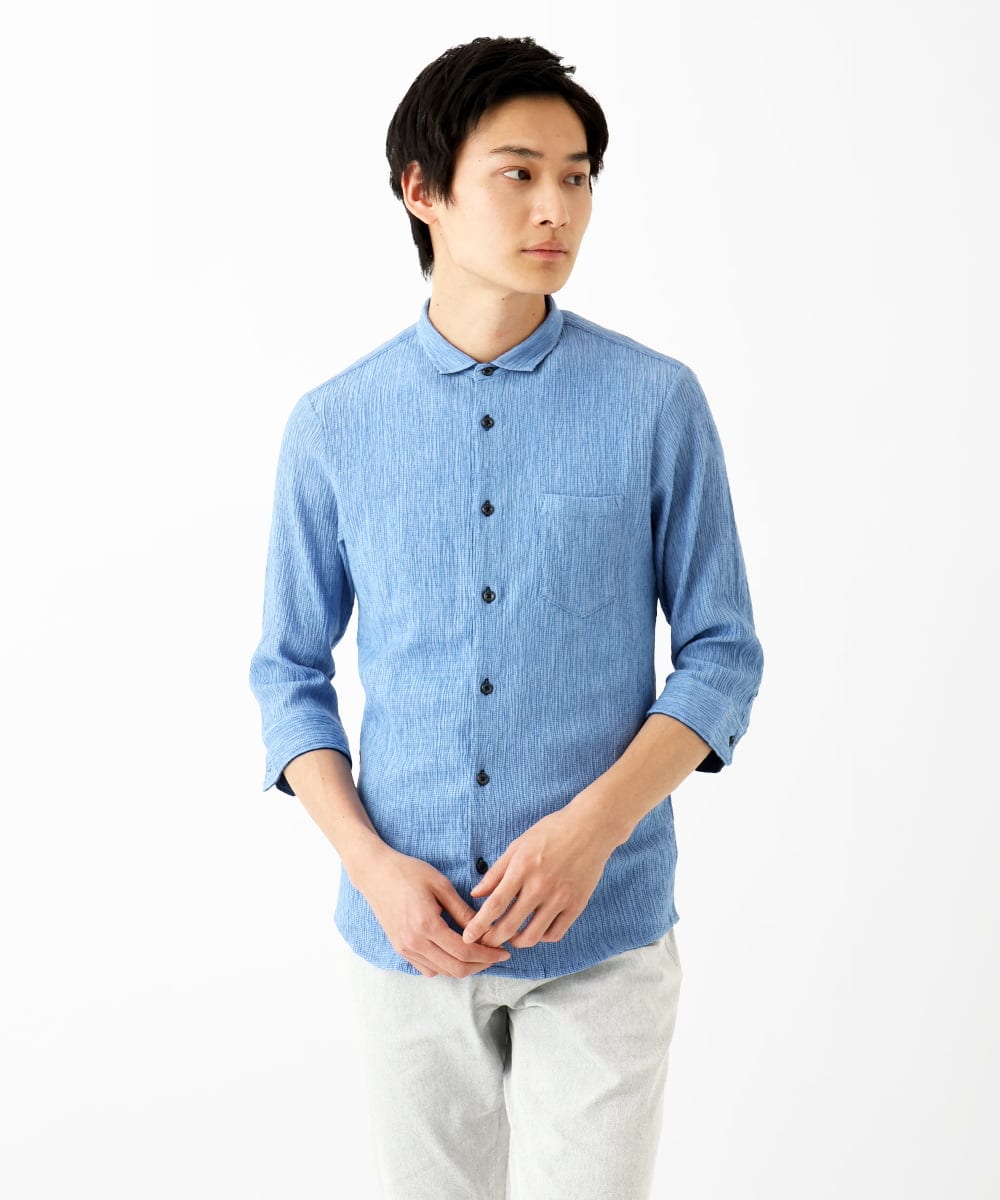 MKBGC21130 MK MICHEL KLEIN HOMME(MKミッシェルクランオム) 【洗える】楊柳ストライプ七分袖シャツ ライトブルー