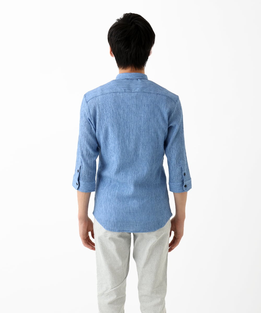 MKBGC21130 MK MICHEL KLEIN HOMME(MKミッシェルクランオム) 【洗える】楊柳ストライプ七分袖シャツ ライトブルー