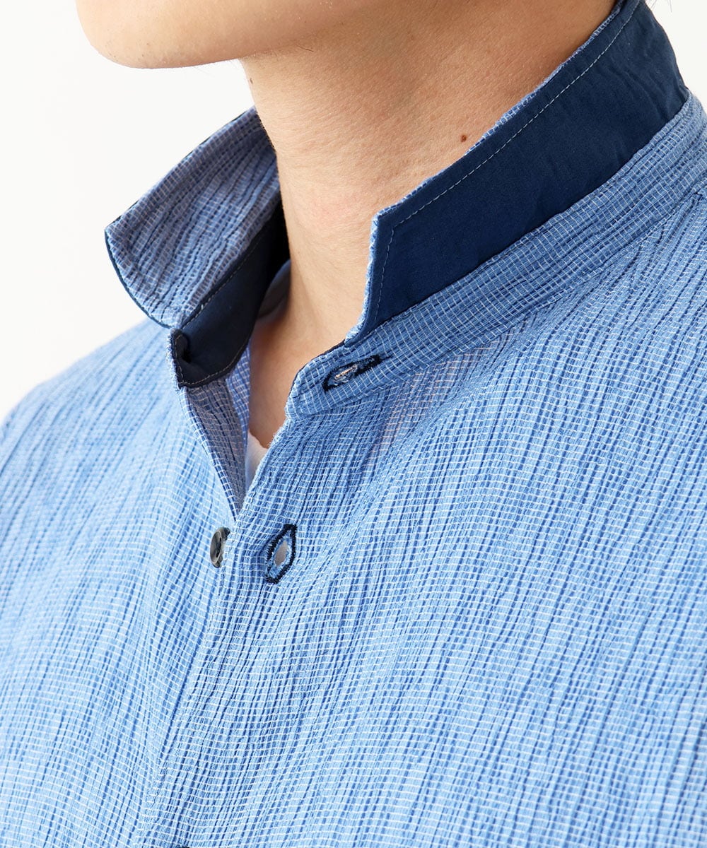 MKBGC21130 MK MICHEL KLEIN HOMME(MKミッシェルクランオム) 【洗える】楊柳ストライプ七分袖シャツ ライトブルー