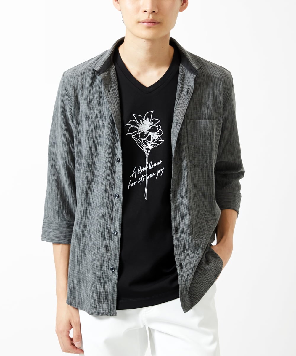 MKBGC21130 MK MICHEL KLEIN HOMME(MKミッシェルクランオム) 【洗える】楊柳ストライプ七分袖シャツ ダークグレー