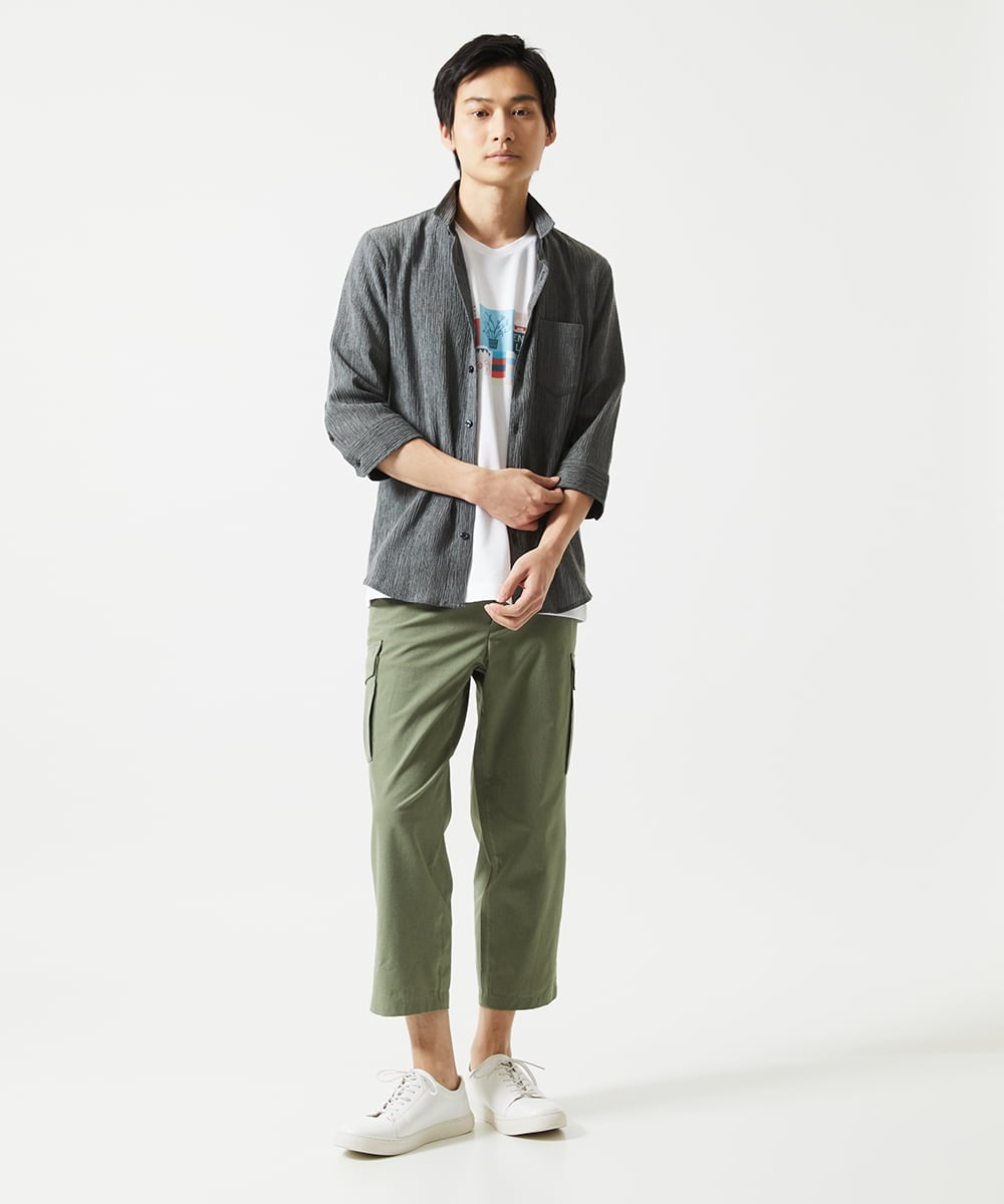 MKBGC21130 MK MICHEL KLEIN HOMME(MKミッシェルクランオム) 【洗える】楊柳ストライプ七分袖シャツ ダークグレー