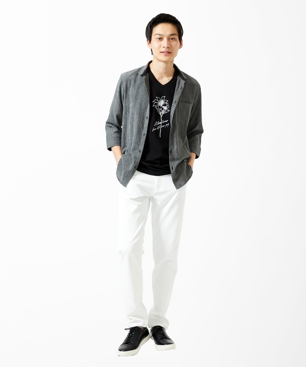 MKBGC21130 MK MICHEL KLEIN HOMME(MKミッシェルクランオム) 【洗える】楊柳ストライプ七分袖シャツ ダークグレー
