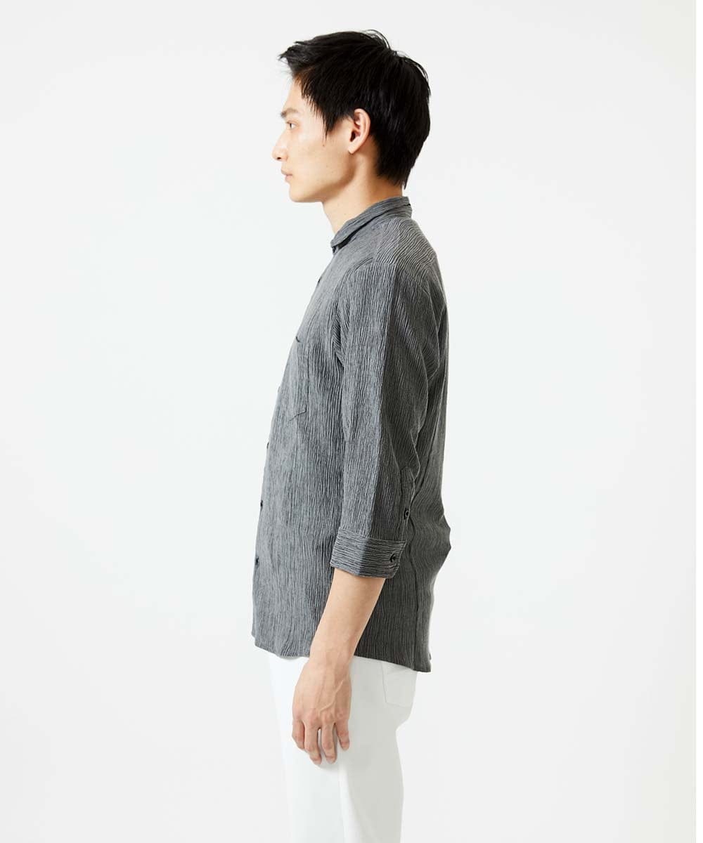 MKBGC21130 MK MICHEL KLEIN HOMME(MKミッシェルクランオム) 【洗える】楊柳ストライプ七分袖シャツ ダークグレー