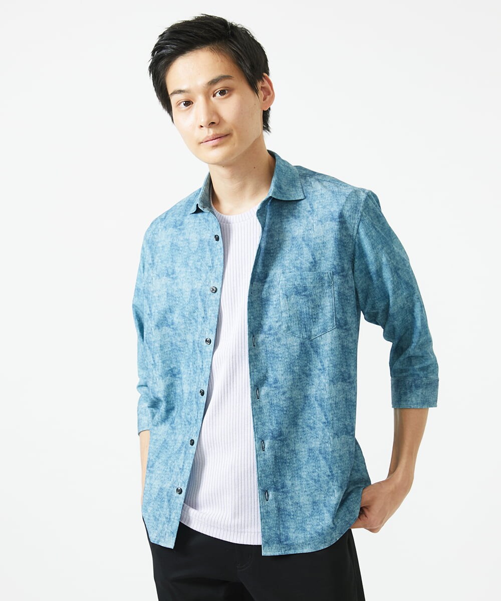MKBGC61130 MK MICHEL KLEIN HOMME(MKミッシェルクランオム) 【洗える/ ドライタッチ】 シャルバート楊柳七分袖シャツ ライトブルー