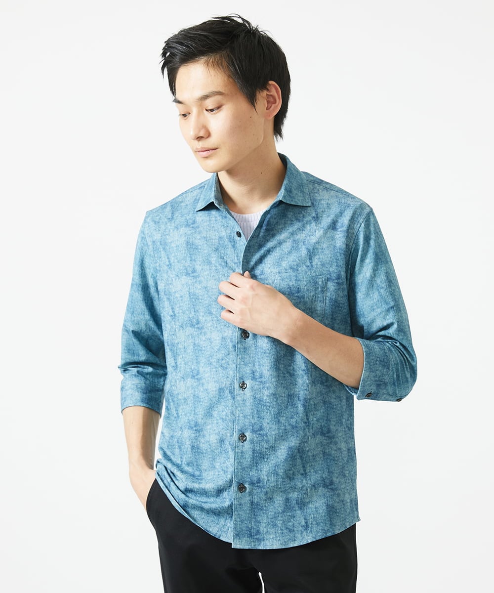 MKBGC61130 MK MICHEL KLEIN HOMME(MKミッシェルクランオム) 【洗える/ ドライタッチ】 シャルバート楊柳七分袖シャツ ライトブルー