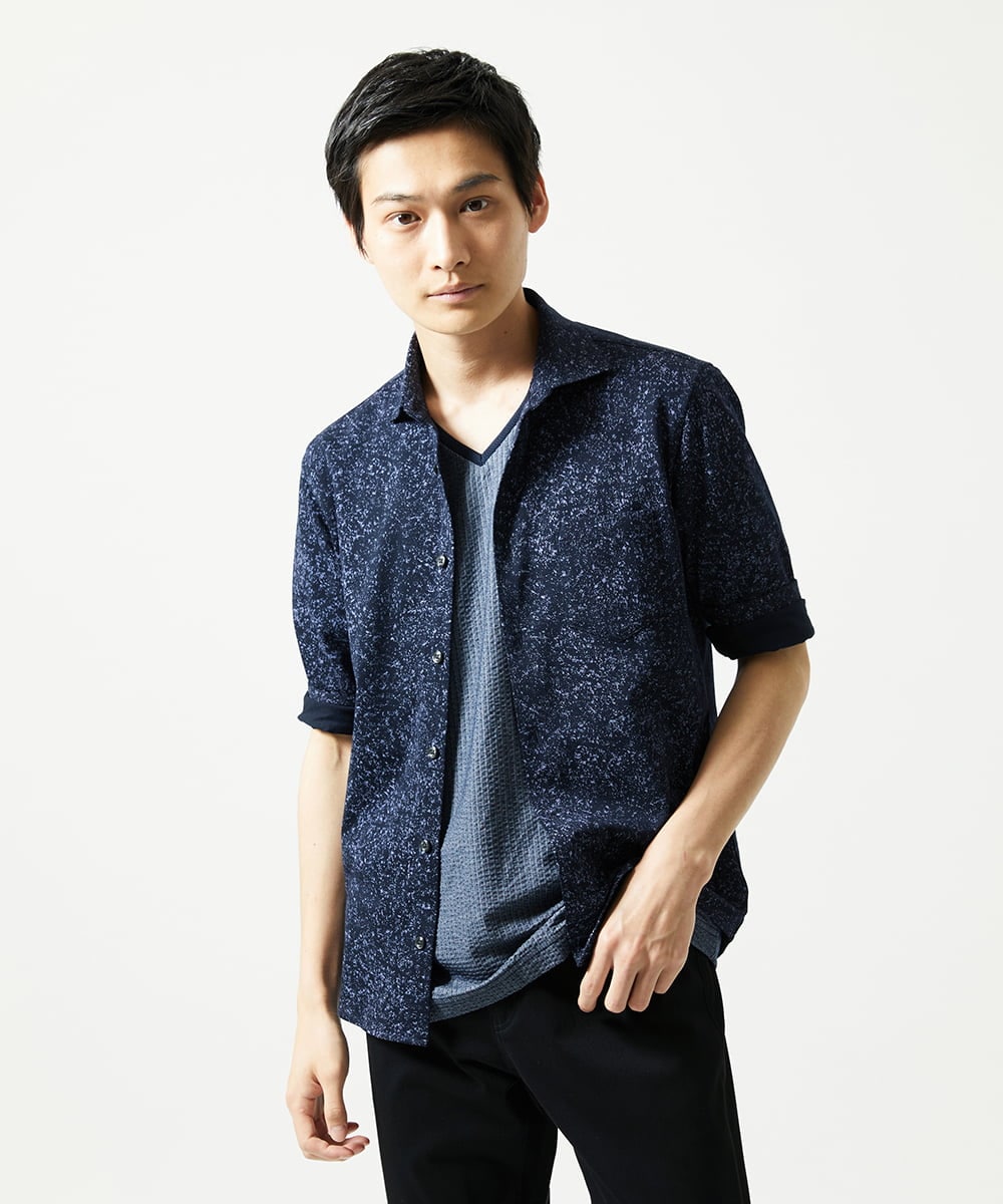 MKBHA58130 MK MICHEL KLEIN HOMME(MKミッシェルクランオム) 【色・サイズ残りわずか】カノコプリント七分袖シャツ ネイビー