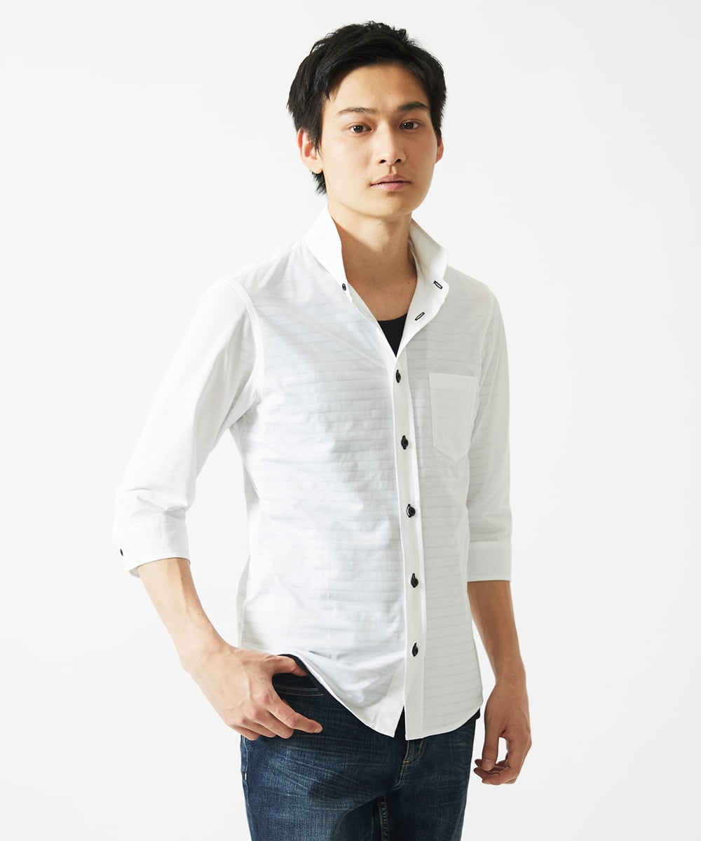MKBHA62110 MK MICHEL KLEIN HOMME(MKミッシェルクランオム) 【吸水速乾】シアーボーダー七分袖シャツ ホワイト