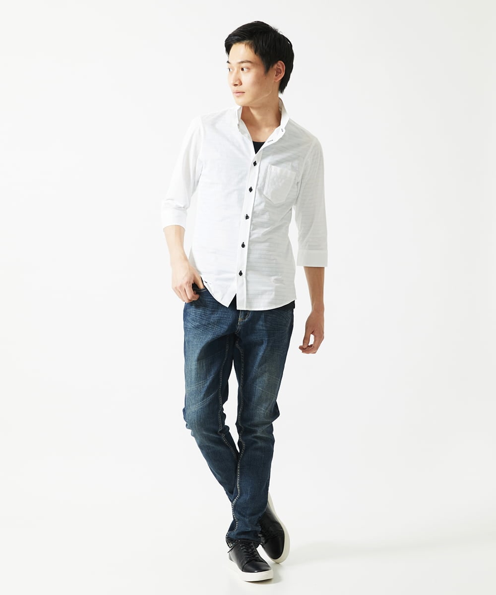 MKBHA62110 MK MICHEL KLEIN HOMME(MKミッシェルクランオム) 【吸水速乾】シアーボーダー七分袖シャツ ホワイト