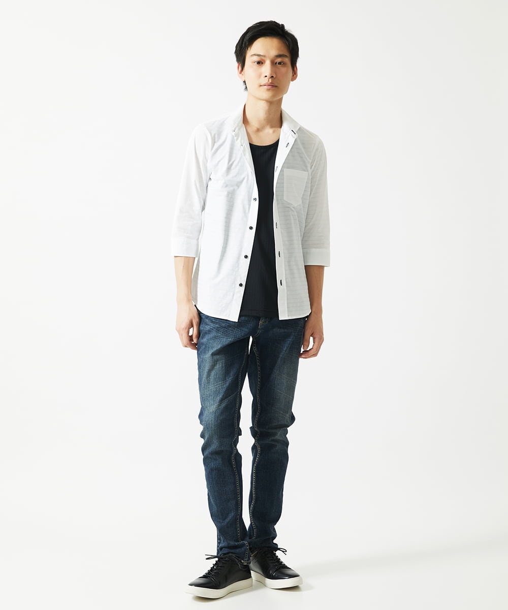 MKBHA62110 MK MICHEL KLEIN HOMME(MKミッシェルクランオム) 【吸水速乾】シアーボーダー七分袖シャツ ホワイト
