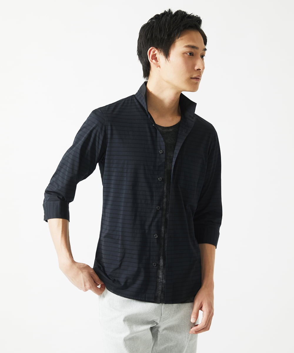 MKBHA62110 MK MICHEL KLEIN HOMME(MKミッシェルクランオム) 【吸水速乾】シアーボーダー七分袖シャツ ブラック