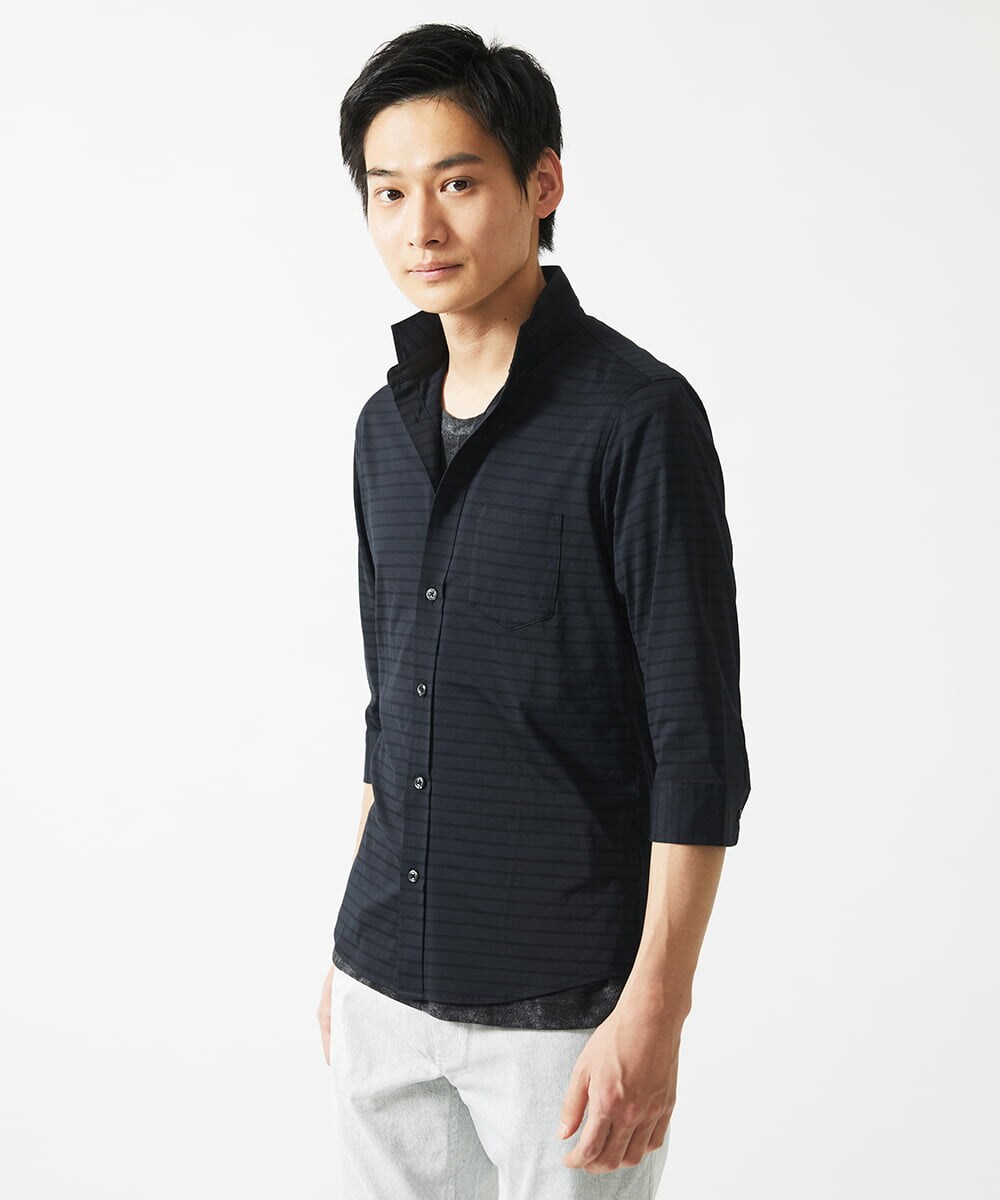 MKBHA62110 MK MICHEL KLEIN HOMME(MKミッシェルクランオム) 【吸水速乾】シアーボーダー七分袖シャツ ブラック