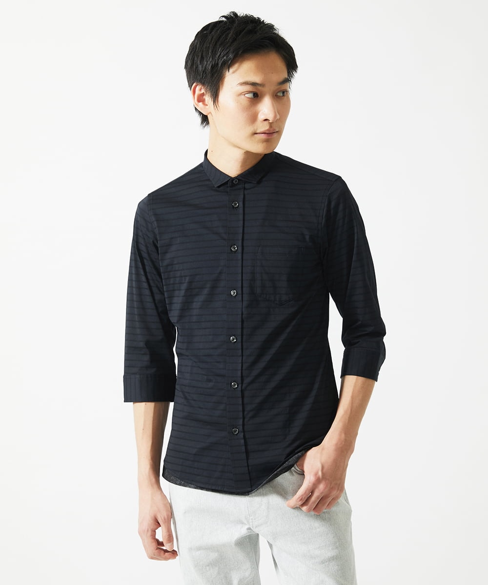 MKBHA62110 MK MICHEL KLEIN HOMME(MKミッシェルクランオム) 【吸水速乾】シアーボーダー七分袖シャツ ブラック