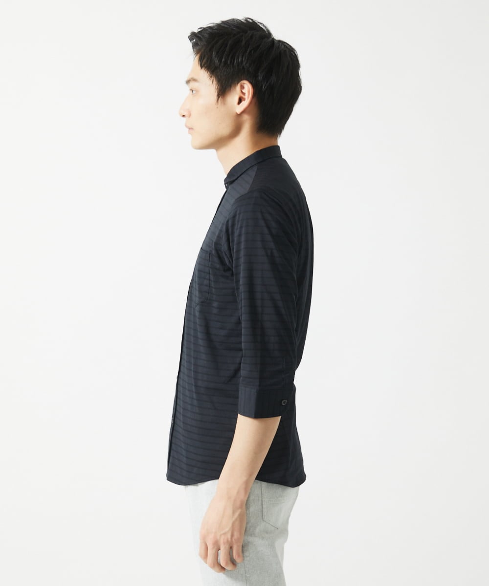MKBHA62110 MK MICHEL KLEIN HOMME(MKミッシェルクランオム) 【吸水速乾】シアーボーダー七分袖シャツ ブラック